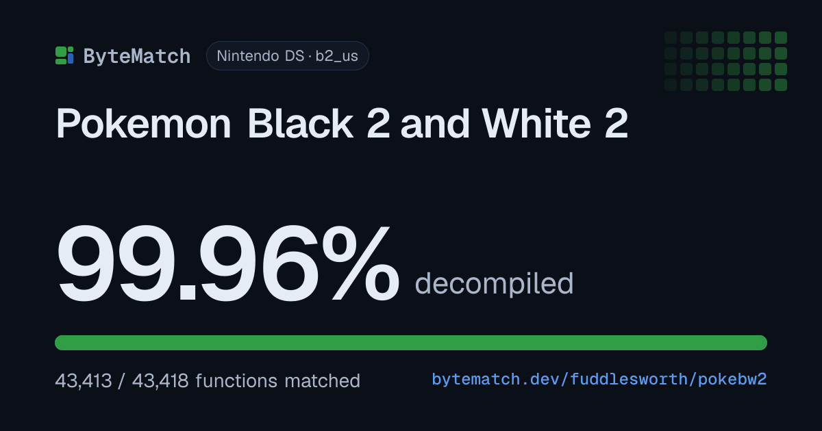 Pokemon Black 2 and White 2 (w2_us) decompilation progress · ByteMatch